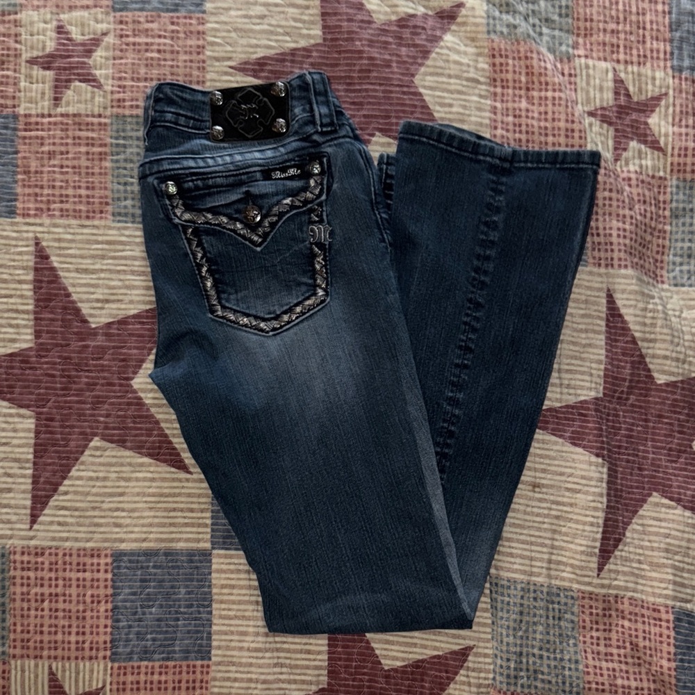 Miss Me Dark Blue Straight Leg Jeans with Embellished Pockets
